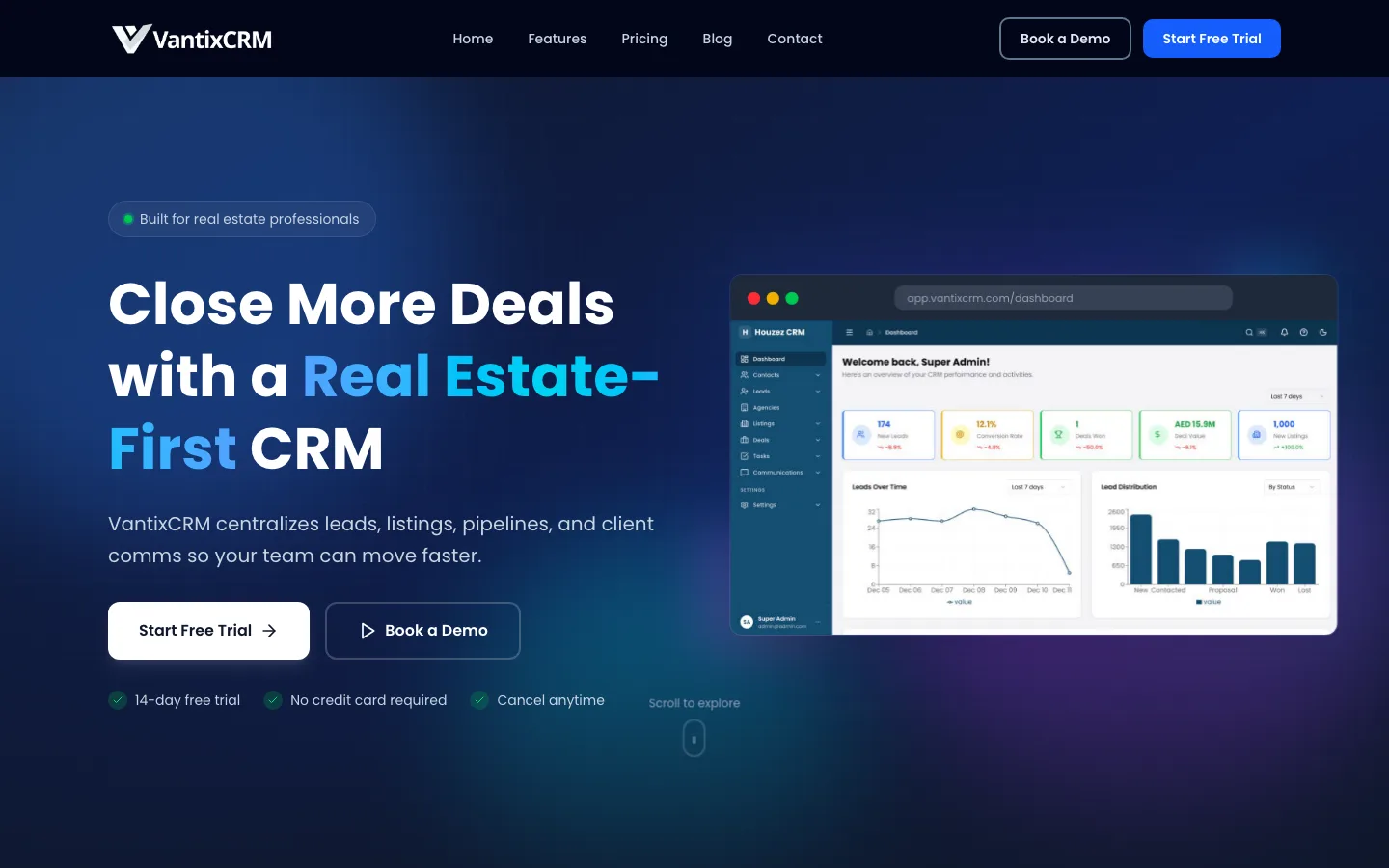 Screenshot of the VantixCRM website
